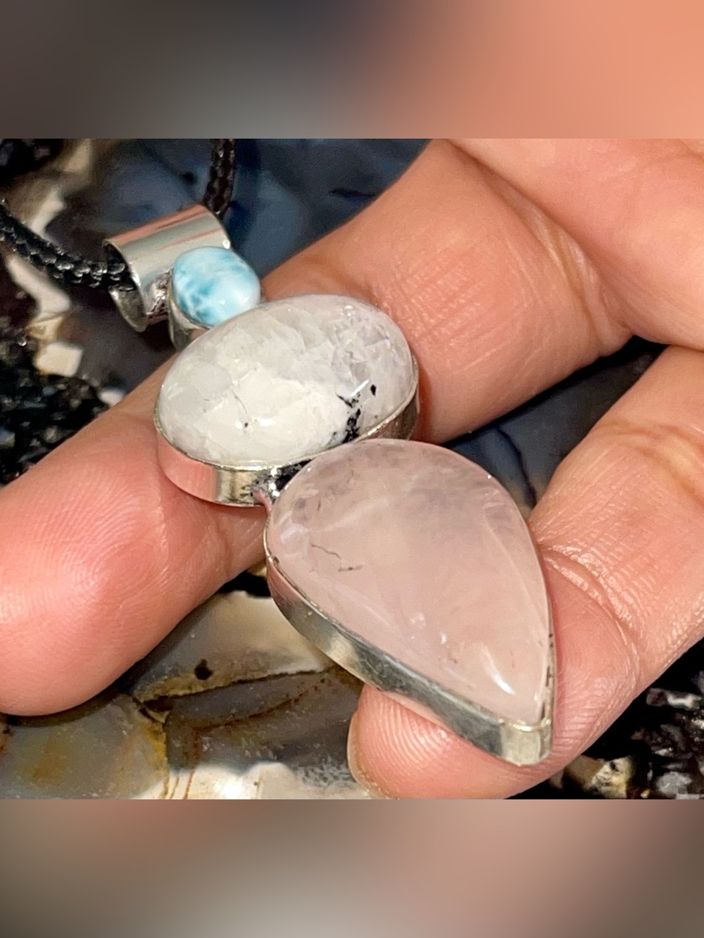 Petite Larimar, Rainbow Moonstone & Rose Quartz Crystal Pendant 2 1/2” - Picture 10 of 17